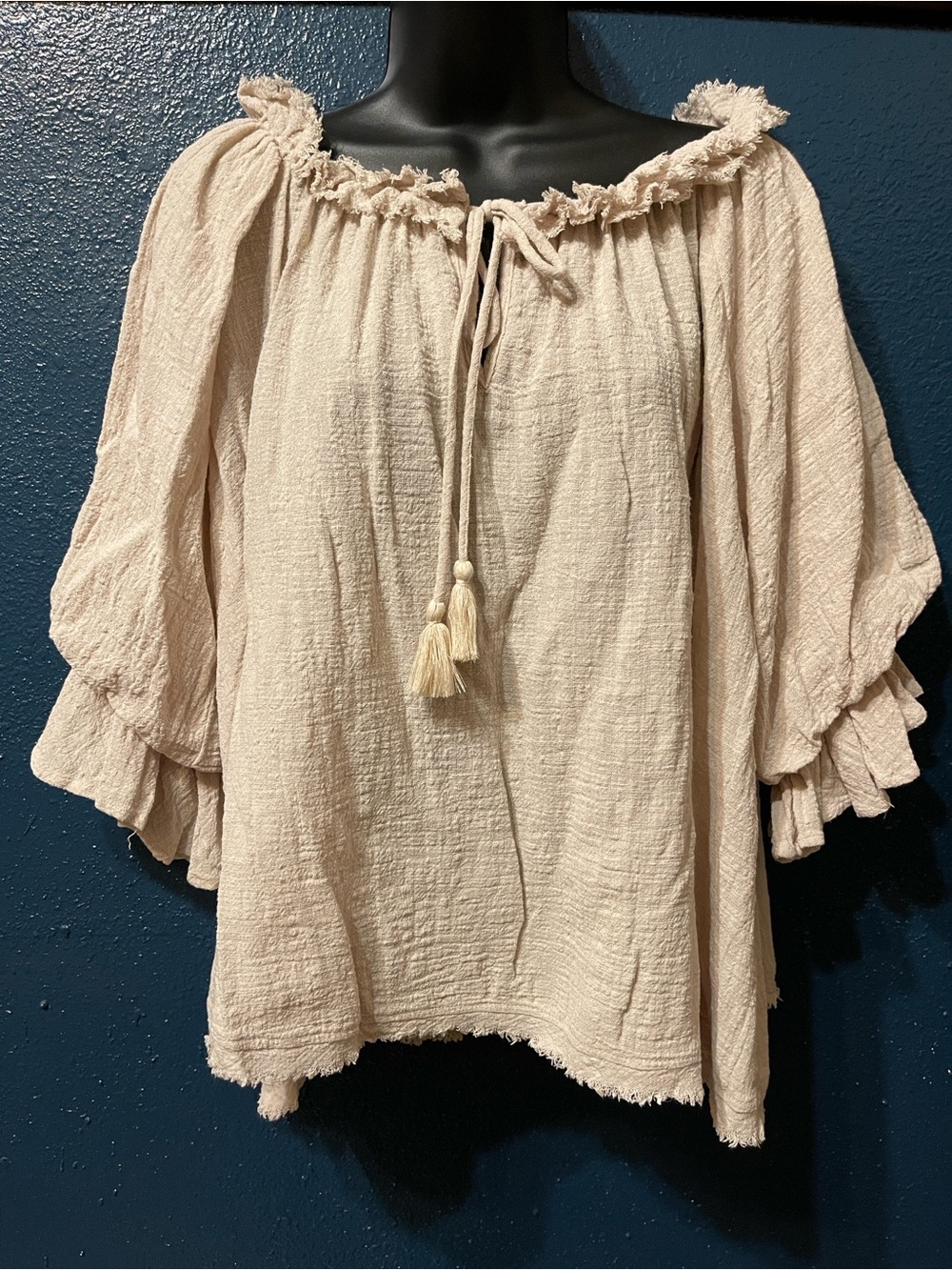 Easel Cream Gauze Boho Oversized Peasant Blouse Tassel Tie Ruffle Sleeve Size S